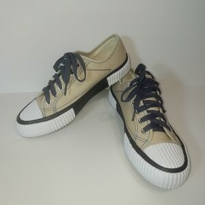Women's Mutuoni Beige Canvas Low-Top Sneakers with Black Trim and Navy Laces